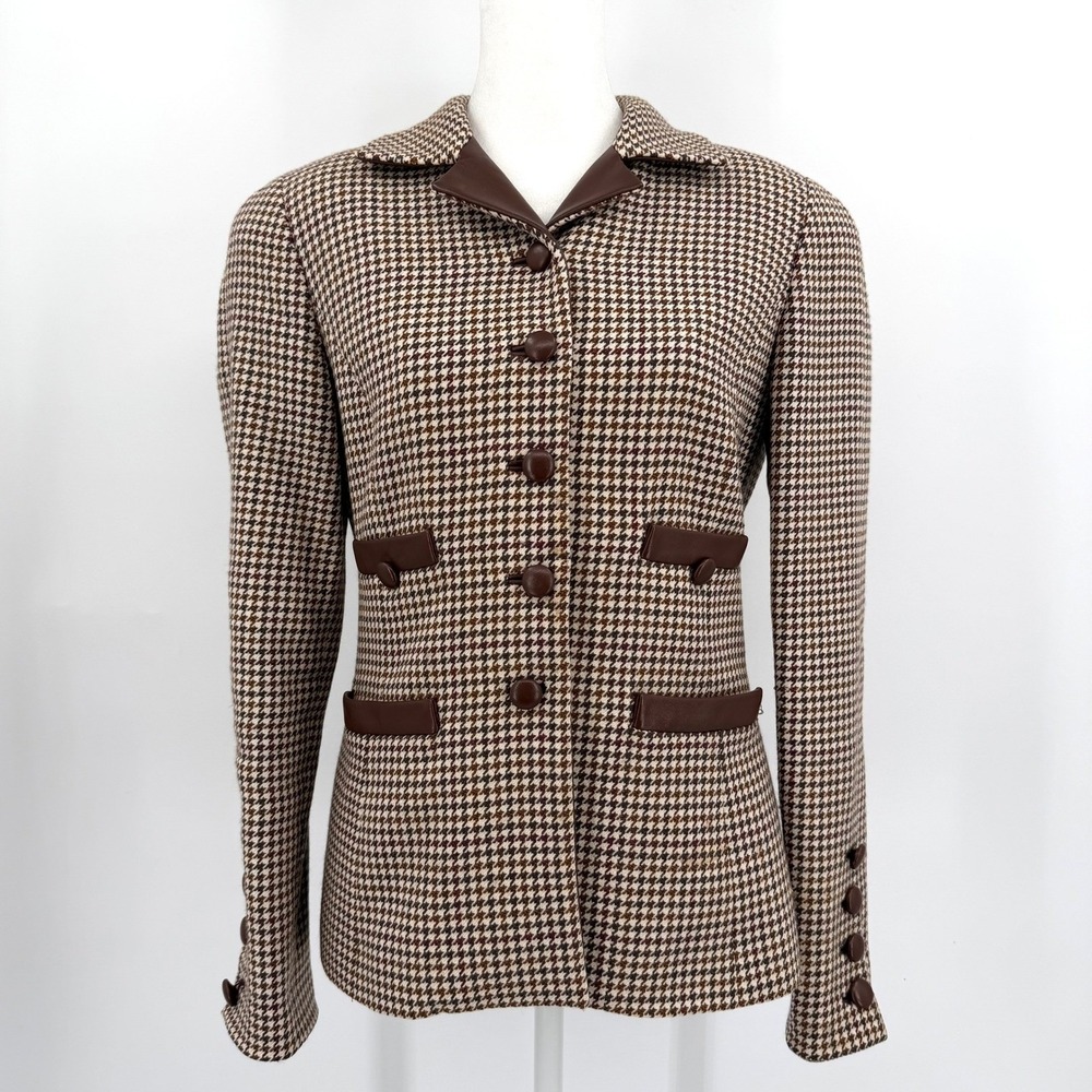 Carlisle 100% Wool Houndstooth Blazer Brown Leather Trim Tailored Jacket Size 4